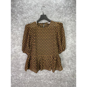Nanette Lepore Blouse Womens Medium Black Tan Polka Dot Sheer Peplum NW2H14ZX3